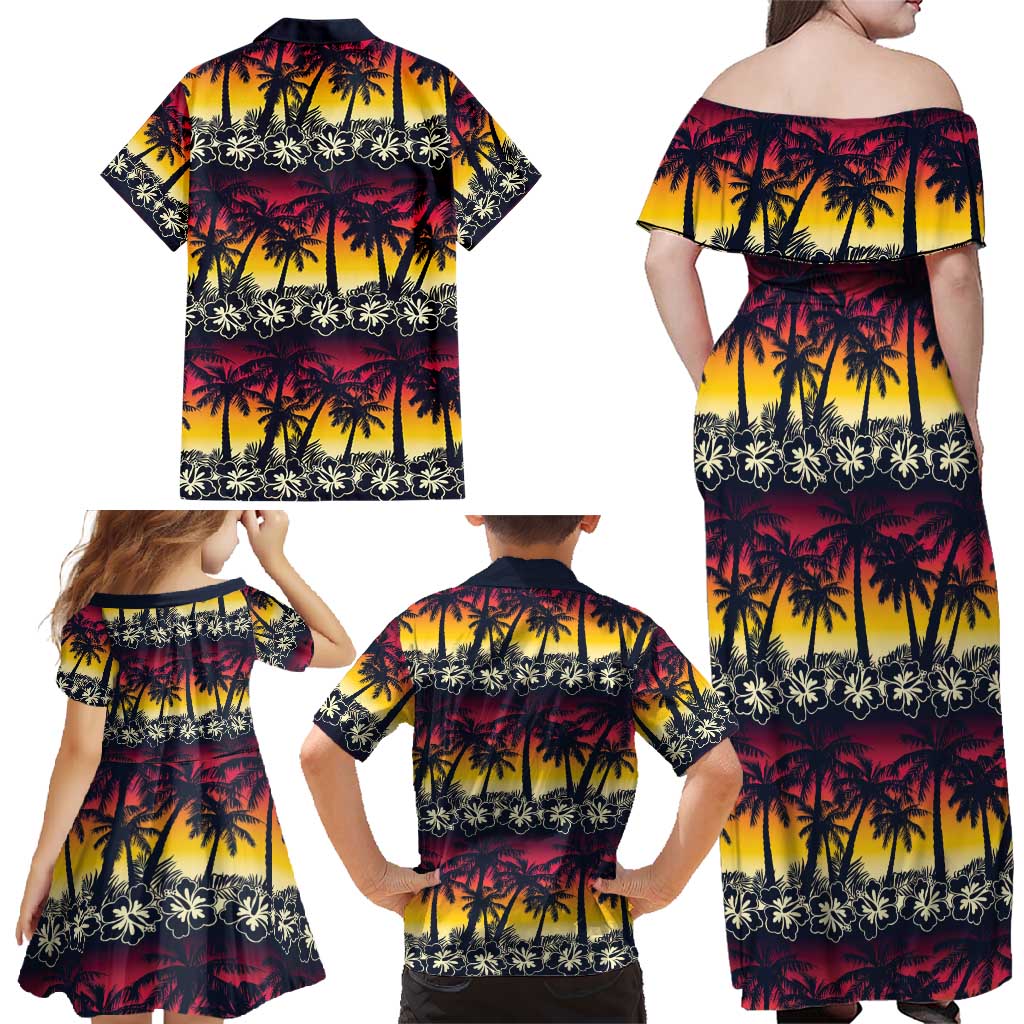 Hawaii Hibiscus Palm Tree Sunset Family Matching Off Shoulder Maxi Dress and Hawaiian Shirt Tropical Style LT01 - Polynesian Pride