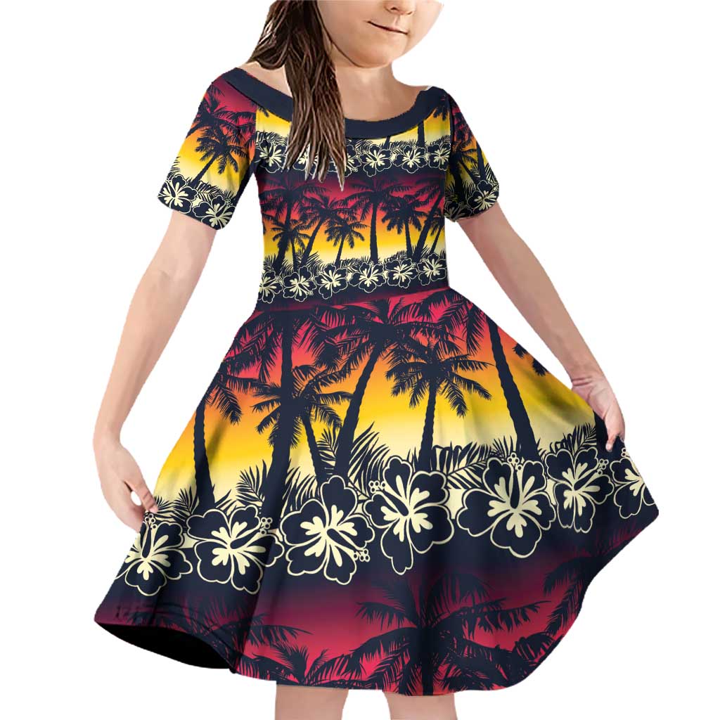 Hawaii Hibiscus Palm Tree Sunset Family Matching Off Shoulder Short Dress and Hawaiian Shirt Tropical Style LT01 Daughter's Dress Multicolor - Polynesian Pride