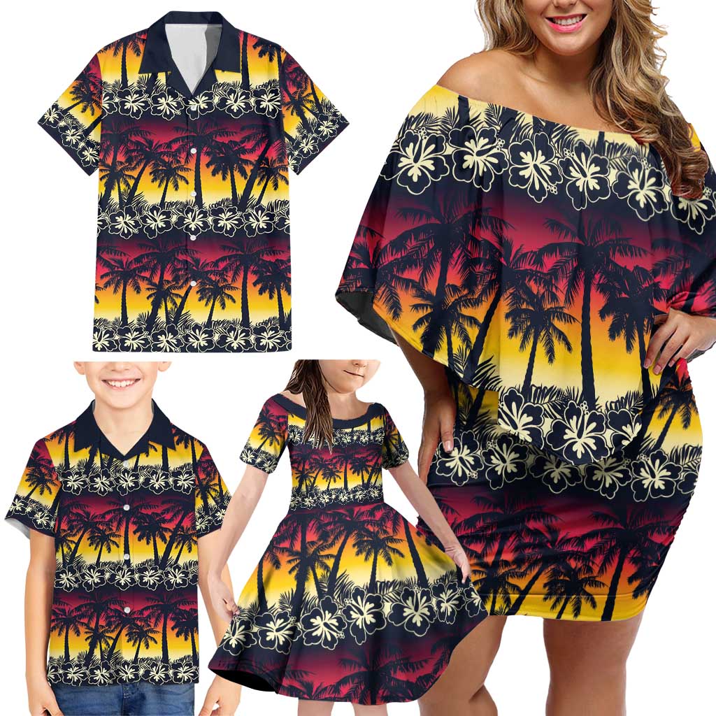 Hawaii Hibiscus Palm Tree Sunset Family Matching Off Shoulder Short Dress and Hawaiian Shirt Tropical Style LT01 - Polynesian Pride
