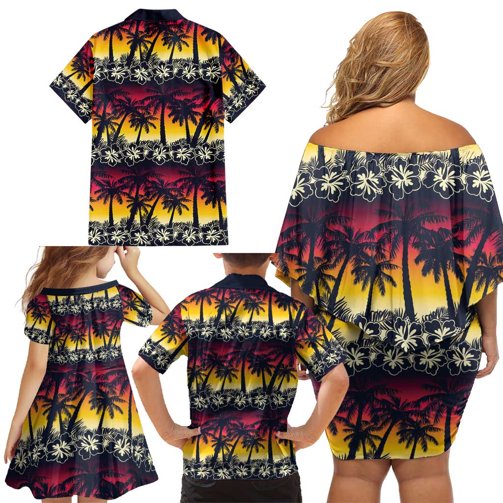 Hawaii Hibiscus Palm Tree Sunset Family Matching Off Shoulder Short Dress and Hawaiian Shirt Tropical Style LT01 - Polynesian Pride