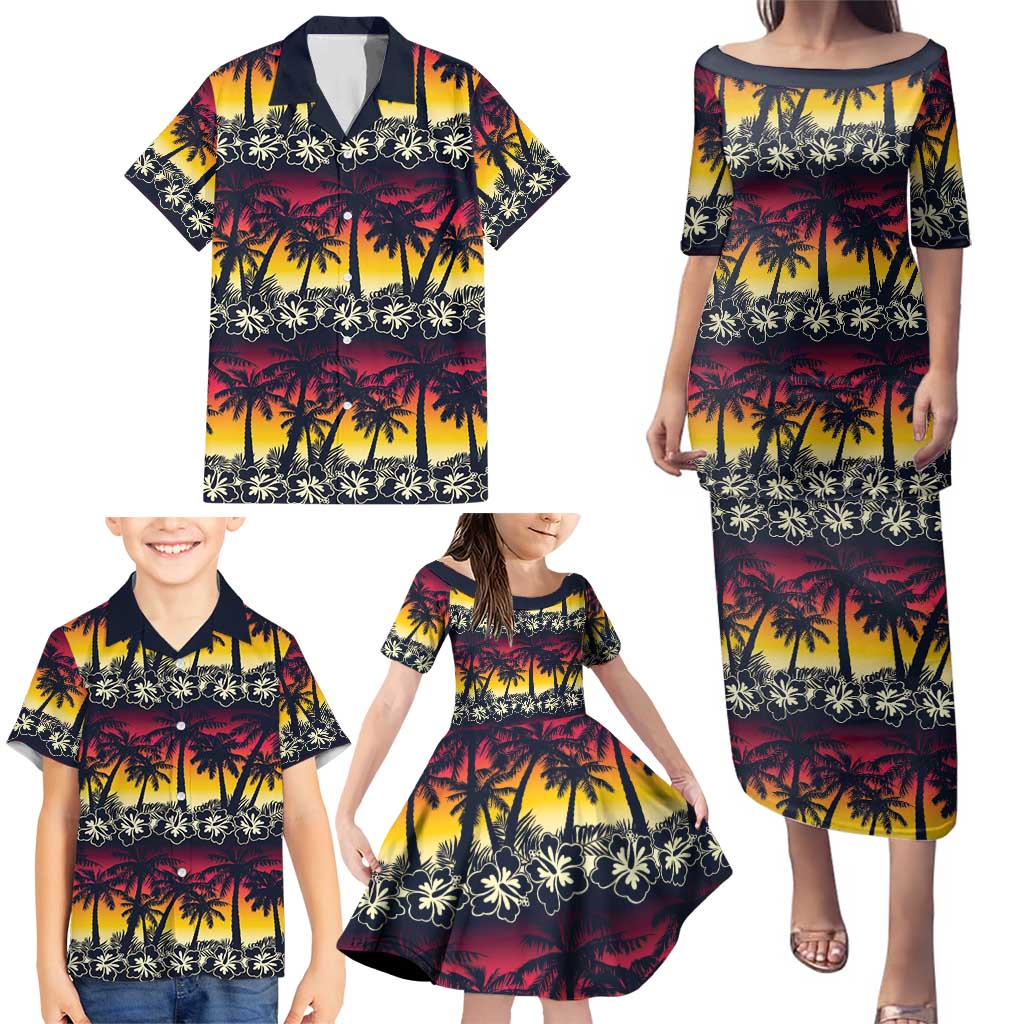 Hawaii Hibiscus Palm Tree Sunset Family Matching Puletasi and Hawaiian Shirt Tropical Style LT01 - Polynesian Pride