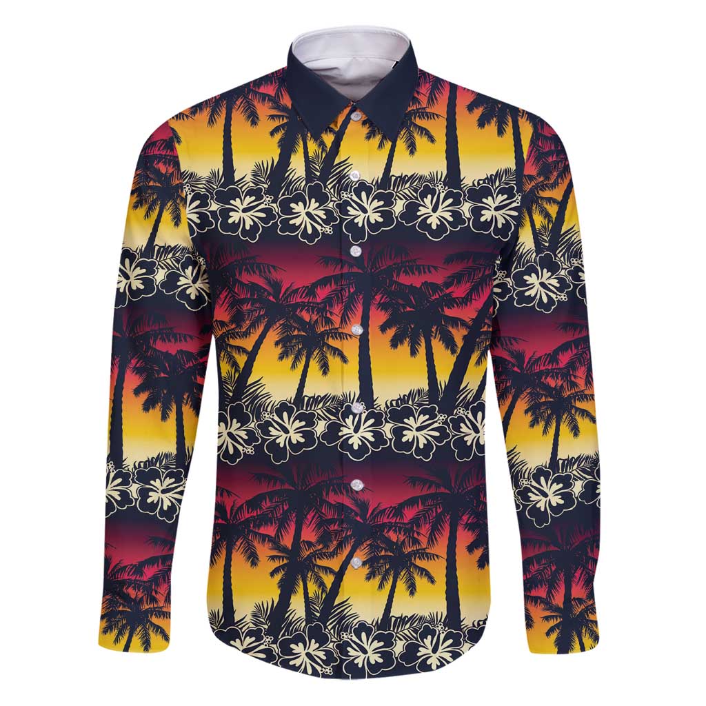 Hawaii Hibiscus Palm Tree Sunset Family Matching Puletasi and Hawaiian Shirt Tropical Style LT01 Dad's Shirt - Long Sleeve Multicolor - Polynesian Pride