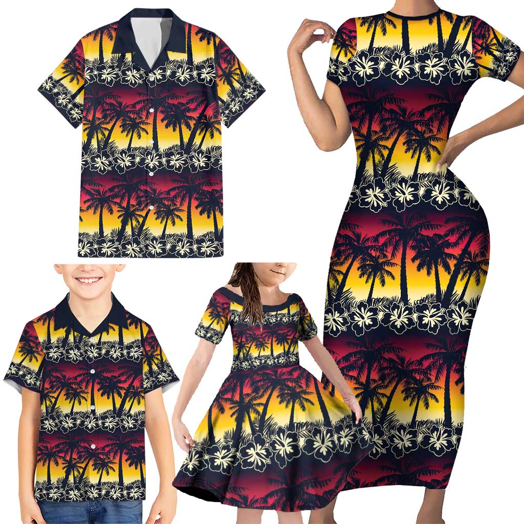 Hawaii Hibiscus Palm Tree Sunset Family Matching Short Sleeve Bodycon Dress and Hawaiian Shirt Tropical Style LT01 - Polynesian Pride