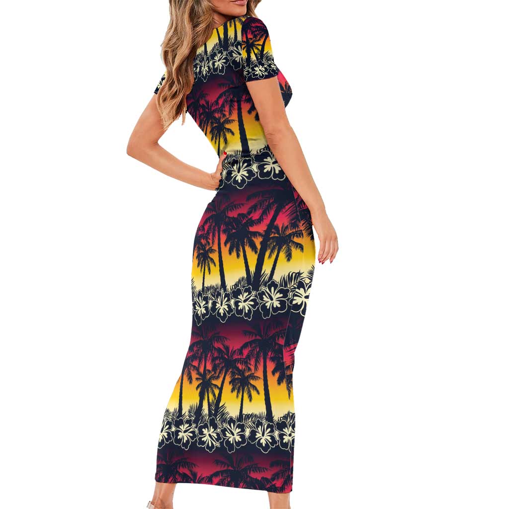 Hawaii Hibiscus Palm Tree Sunset Family Matching Short Sleeve Bodycon Dress and Hawaiian Shirt Tropical Style LT01 - Polynesian Pride