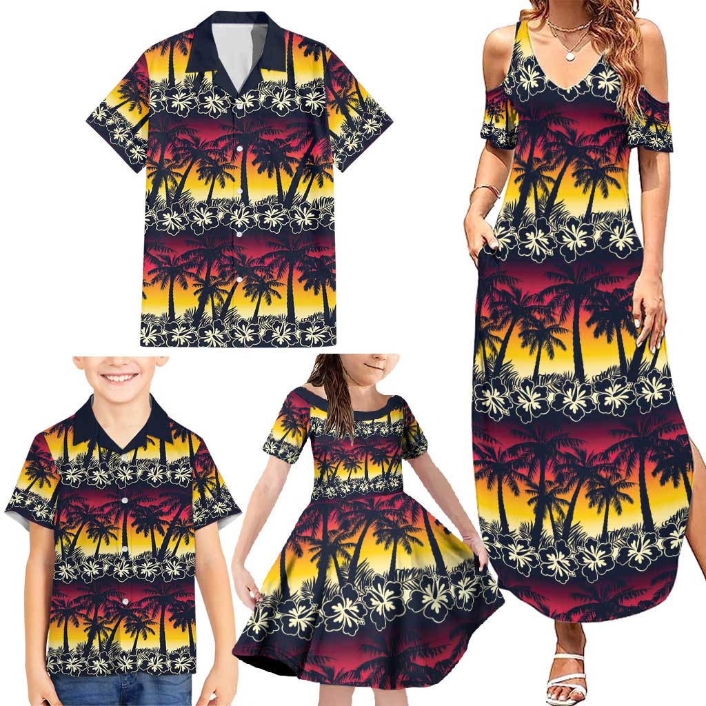Hawaii Hibiscus Palm Tree Sunset Family Matching Summer Maxi Dress and Hawaiian Shirt Tropical Style - Polynesian Pride