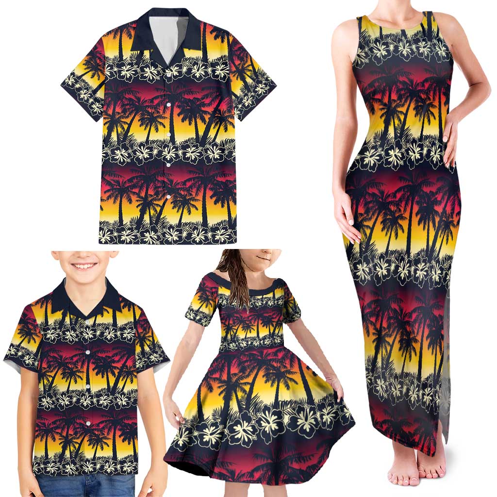 Hawaii Hibiscus Palm Tree Sunset Family Matching Tank Maxi Dress and Hawaiian Shirt Tropical Style LT01 - Polynesian Pride