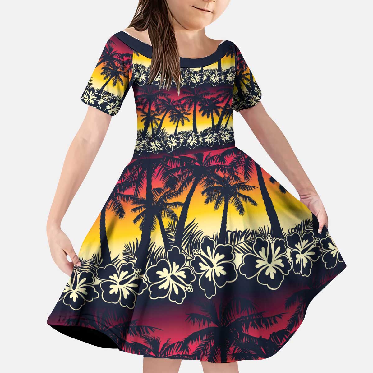 Hawaii Hibiscus Palm Tree Sunset Kid Short Sleeve Dress Tropical Style LT01 KID Multicolor - Polynesian Pride