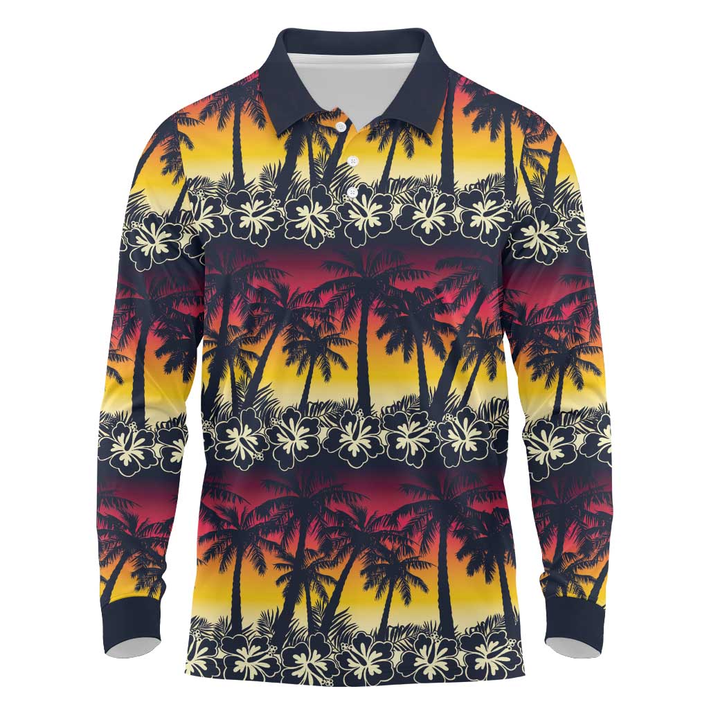 Hawaii Hibiscus Palm Tree Sunset Long Sleeve Polo Shirt Tropical Style LT01 Multicolor - Polynesian Pride
