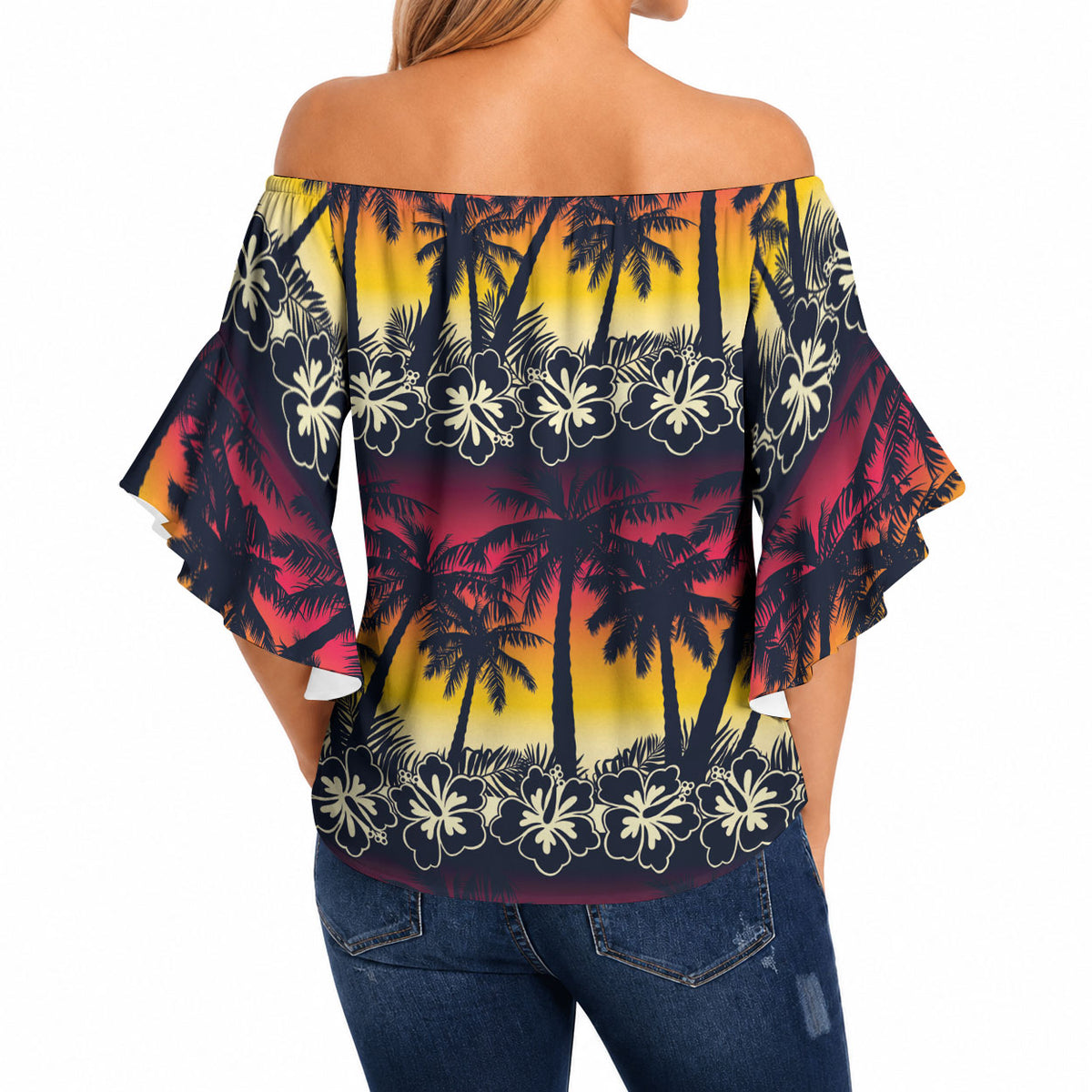 Hawaii Hibiscus Palm Tree Sunset Off Shoulder Wrap Waist Top Tropical Style LT01 - Polynesian Pride