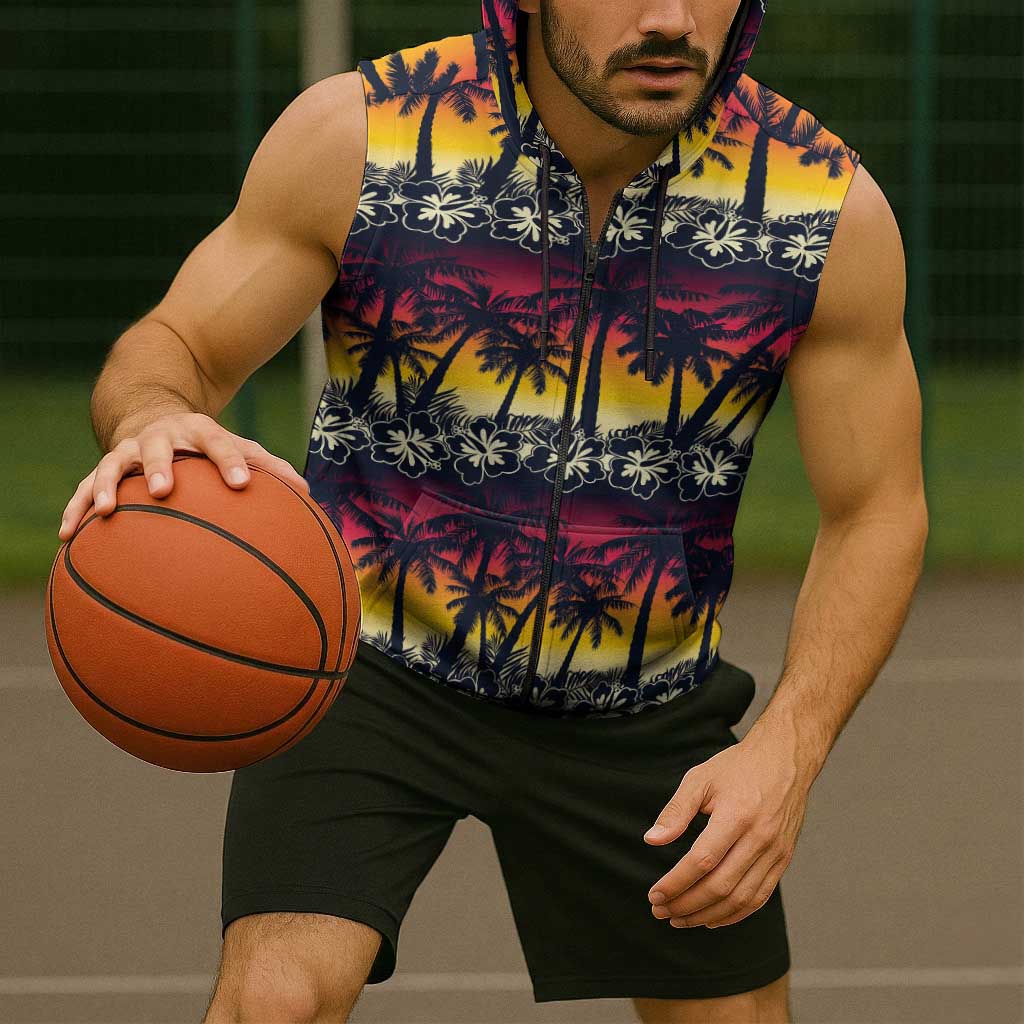 Hawaii Hibiscus Palm Tree Sunset Sleeveless Zip Hoodie Tropical Style - Polynesian Pride