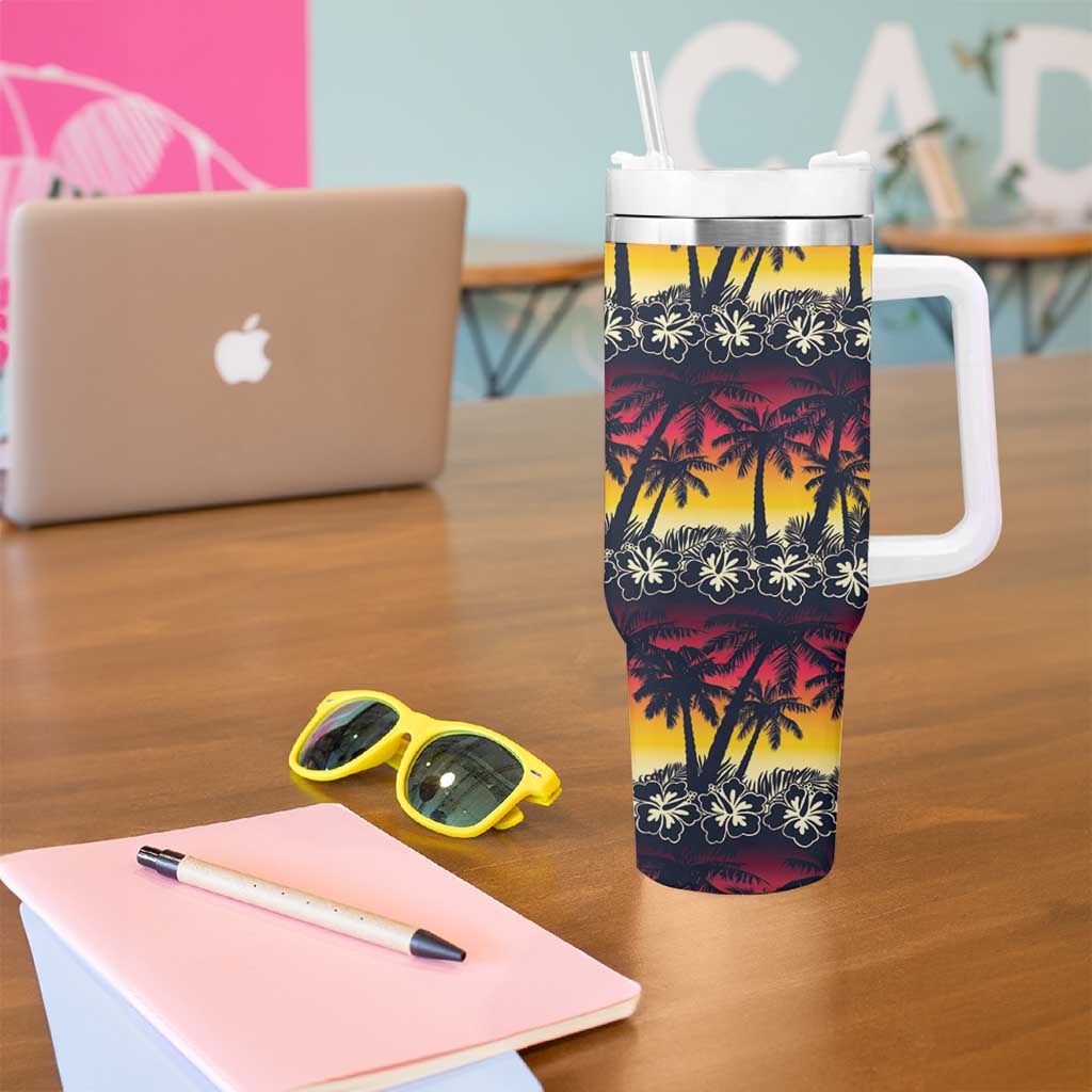 Hawaii Hibiscus Palm Tree Sunset Tumbler With Handle Tropical Style - Polynesian Pride