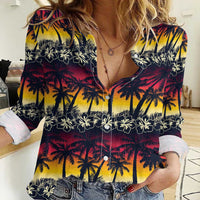 Hawaii Hibiscus Palm Tree Sunset Women Casual Shirt Tropical Style - Polynesian Pride