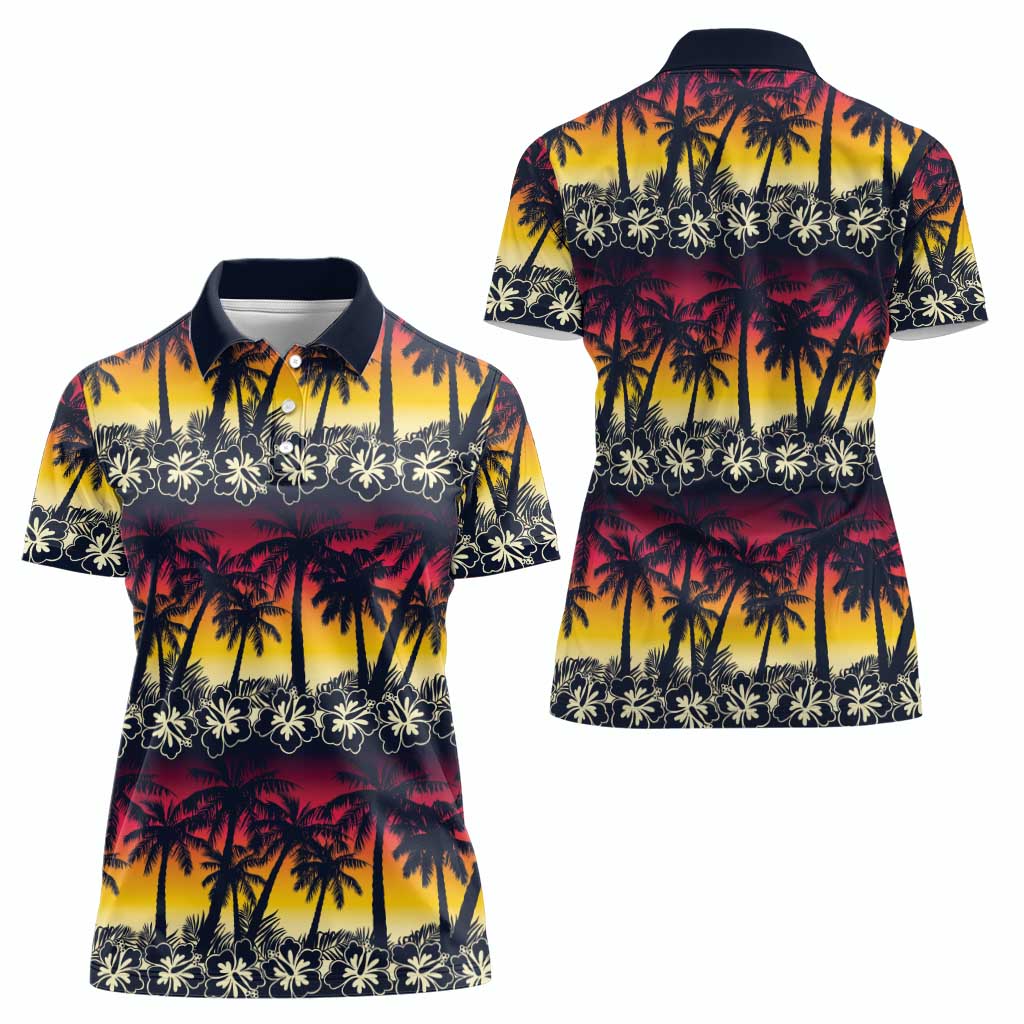 Hawaii Hibiscus Palm Tree Sunset Women Polo Shirt Tropical Style - Polynesian Pride
