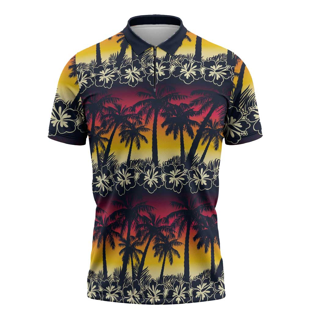 Hawaii Hibiscus Palm Tree Sunset Zipper Polo Shirt Tropical Style - Polynesian Pride