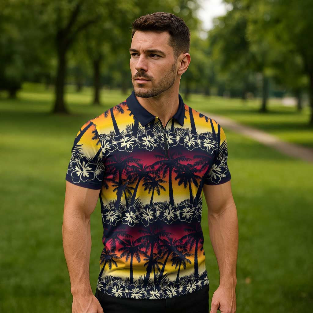 Hawaii Hibiscus Palm Tree Sunset Zipper Polo Shirt Tropical Style - Polynesian Pride