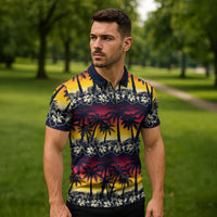 Hawaii Hibiscus Palm Tree Sunset Zipper Polo Shirt Tropical Style - Polynesian Pride