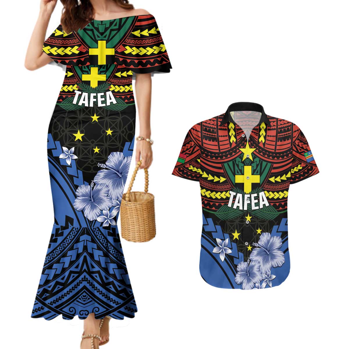 Personalised Vanuatu Tafea Province Couples Matching Mermaid Dress and Hawaiian Shirt Unique Tropical Tribal Pattern LT01 Colorful - Polynesian Pride