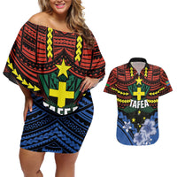 Personalised Vanuatu Tafea Province Couples Matching Off Shoulder Short Dress and Hawaiian Shirt Unique Tropical Tribal Pattern LT01 Colorful - Polynesian Pride