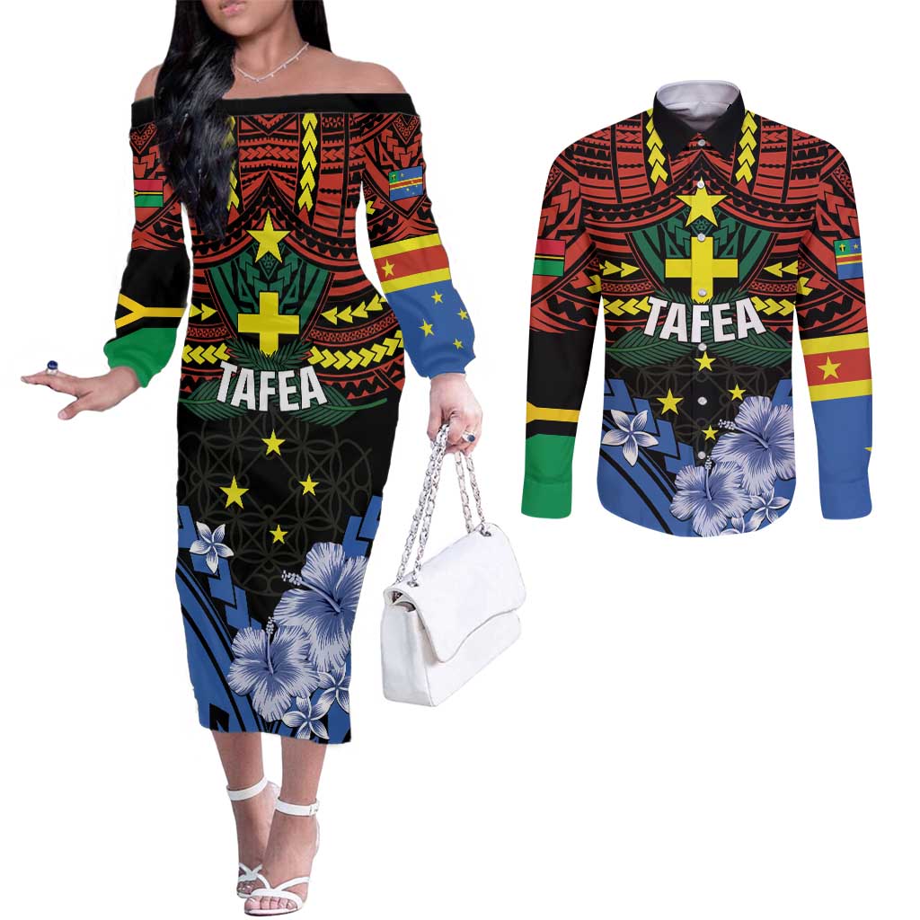 Personalised Vanuatu Tafea Province Couples Matching Off The Shoulder Long Sleeve Dress and Long Sleeve Button Shirt Unique Tropical Tribal Pattern LT01 Colorful - Polynesian Pride