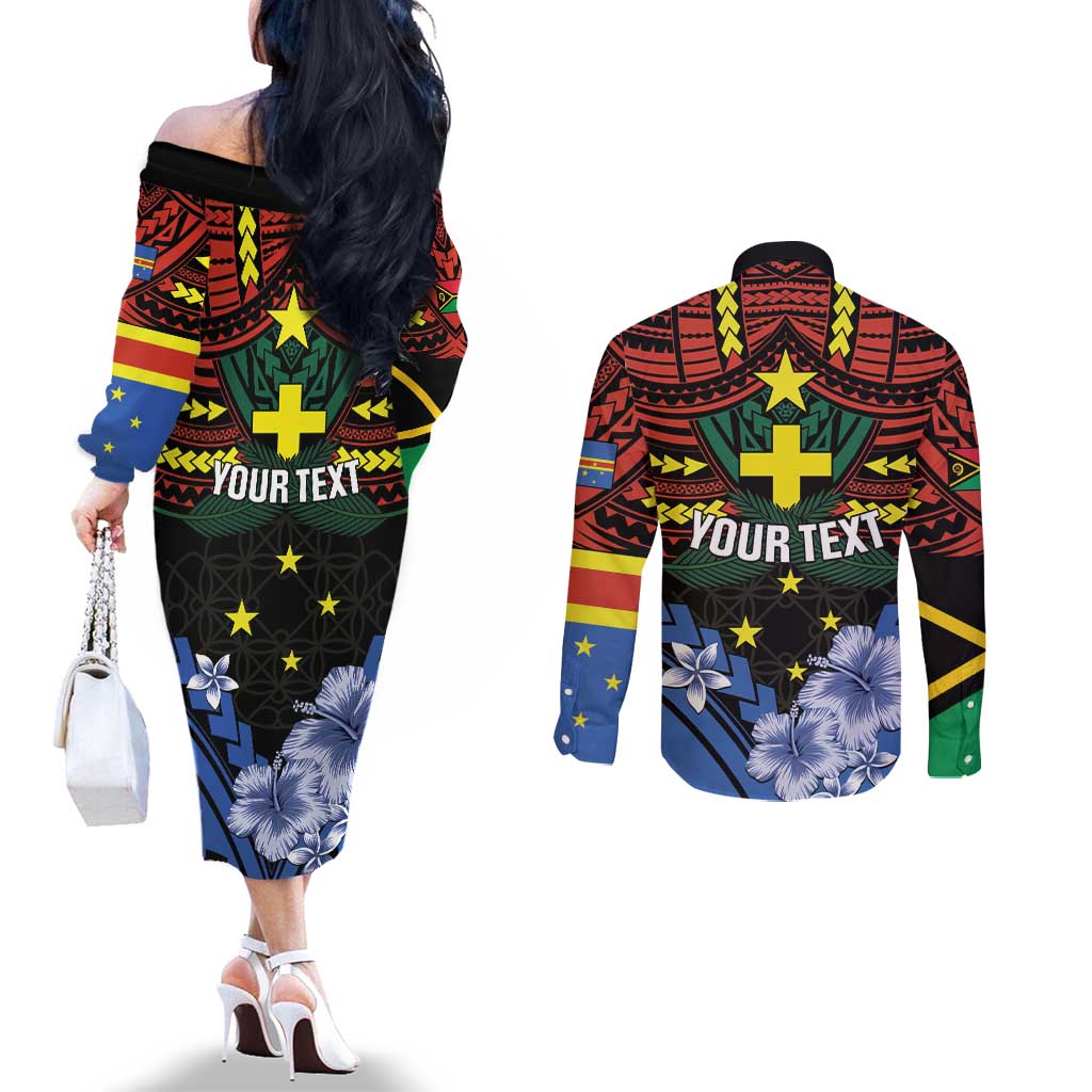 Personalised Vanuatu Tafea Province Couples Matching Off The Shoulder Long Sleeve Dress and Long Sleeve Button Shirt Unique Tropical Tribal Pattern LT01 - Polynesian Pride
