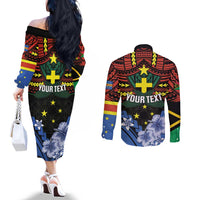 Personalised Vanuatu Tafea Province Couples Matching Off The Shoulder Long Sleeve Dress and Long Sleeve Button Shirt Unique Tropical Tribal Pattern LT01 - Polynesian Pride