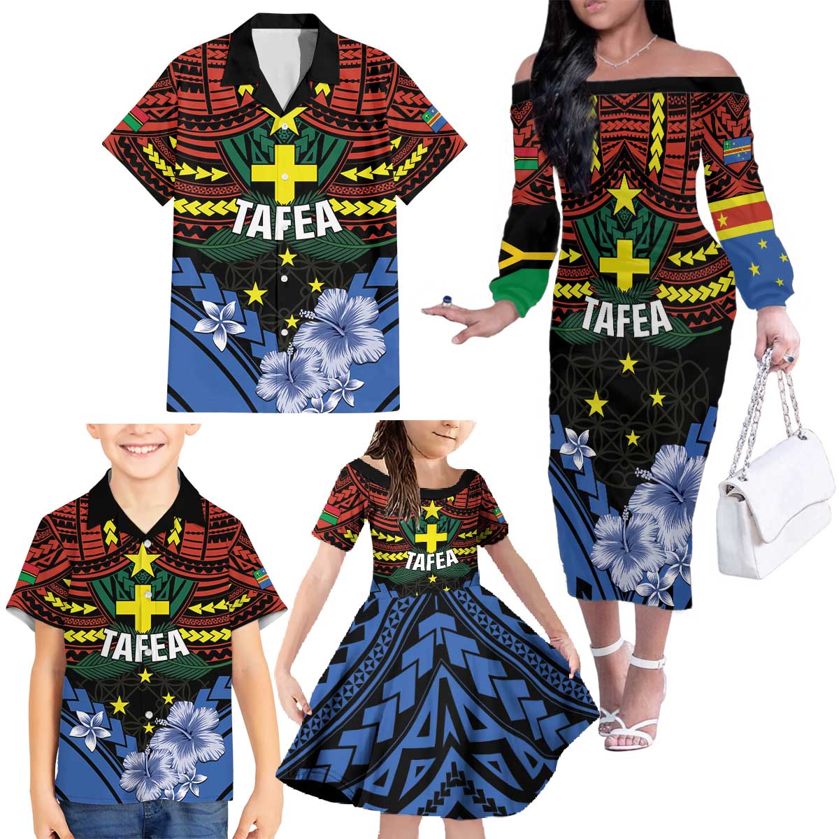 Personalised Vanuatu Tafea Province Family Matching Off The Shoulder Long Sleeve Dress and Hawaiian Shirt Unique Tropical Tribal Pattern LT01 - Polynesian Pride