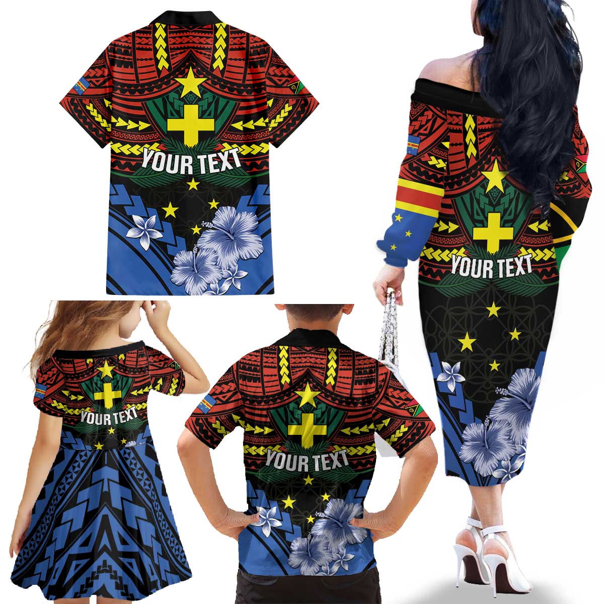 Personalised Vanuatu Tafea Province Family Matching Off The Shoulder Long Sleeve Dress and Hawaiian Shirt Unique Tropical Tribal Pattern LT01 - Polynesian Pride