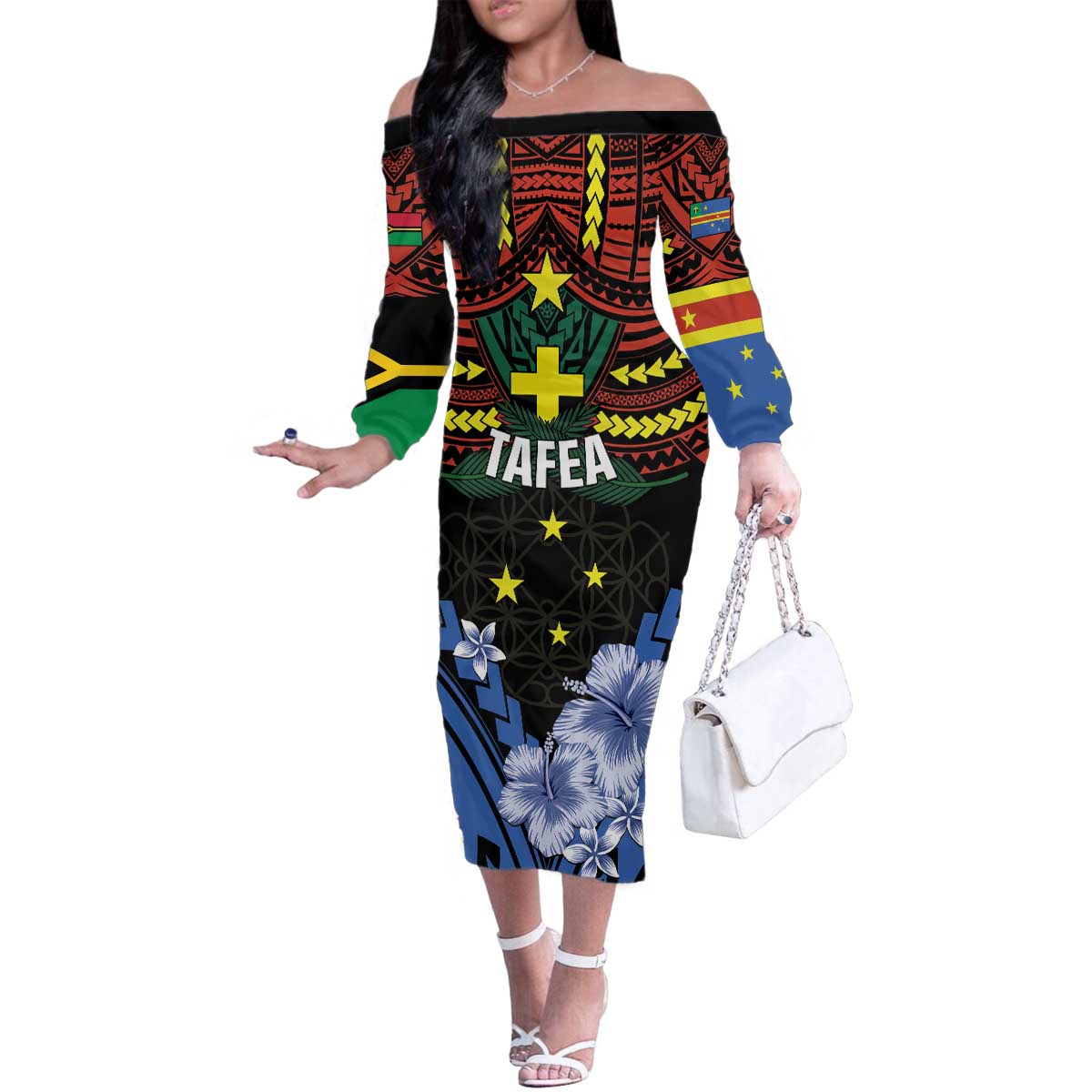 Personalised Vanuatu Tafea Province Family Matching Off The Shoulder Long Sleeve Dress and Hawaiian Shirt Unique Tropical Tribal Pattern LT01 Mom's Dress Colorful - Polynesian Pride