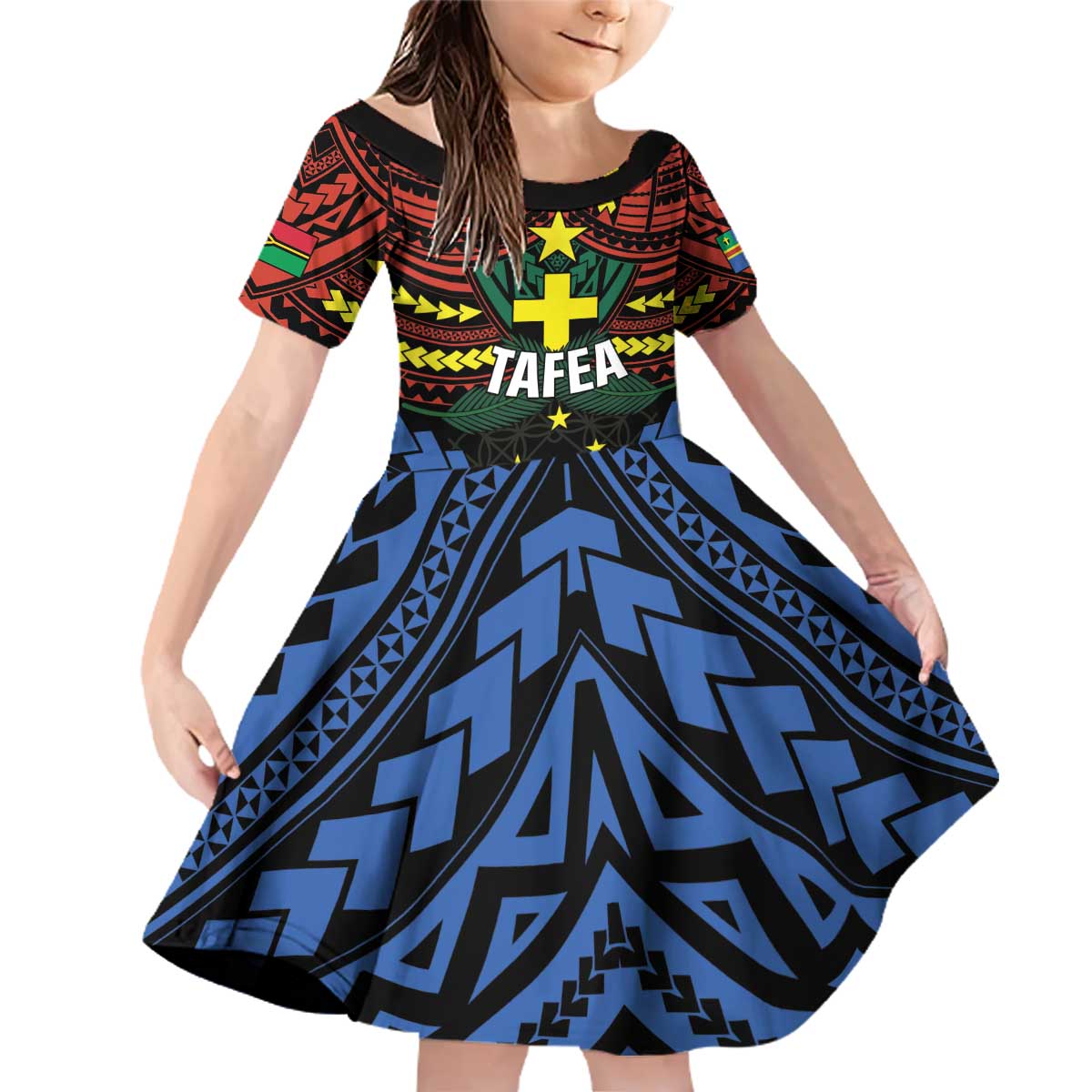 Personalised Vanuatu Tafea Province Family Matching Off Shoulder Short Dress and Hawaiian Shirt Unique Tropical Tribal Pattern LT01 Daughter's Dress Colorful - Polynesian Pride