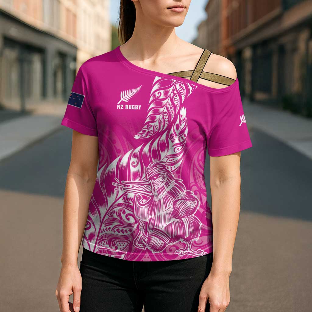 Custom New Zealand Rugby Silver Fern Cross Shoulder Shirt Aotearoa Kiwi Maori Pink Version - Polynesian Pride