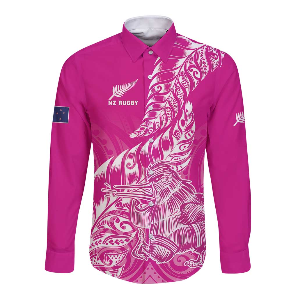Custom New Zealand Rugby Silver Fern Long Sleeve Button Shirt Aotearoa Kiwi Maori Pink Version LT01 Unisex Pink - Polynesian Pride