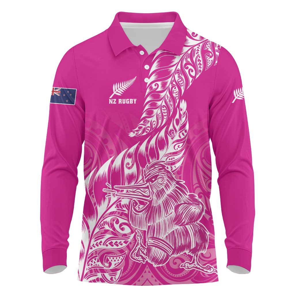 Custom New Zealand Rugby Silver Fern Long Sleeve Polo Shirt Aotearoa Kiwi Maori Pink Version LT01 Pink - Polynesian Pride