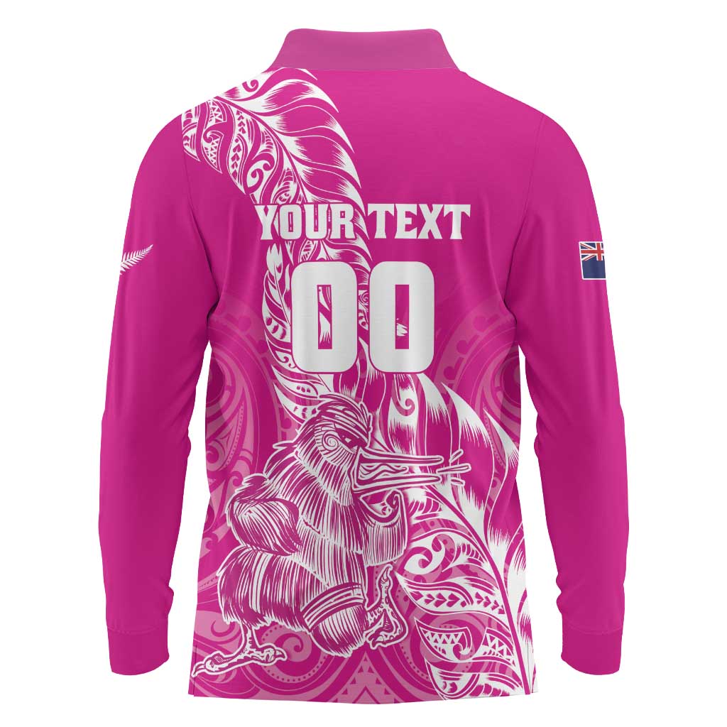 Custom New Zealand Rugby Silver Fern Long Sleeve Polo Shirt Aotearoa Kiwi Maori Pink Version LT01 - Polynesian Pride