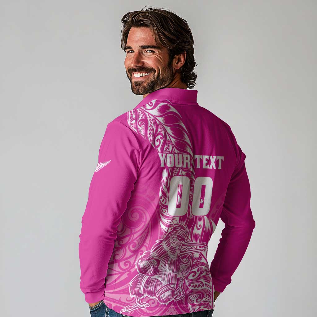 Custom New Zealand Rugby Silver Fern Long Sleeve Polo Shirt Aotearoa Kiwi Maori Pink Version LT01 - Polynesian Pride