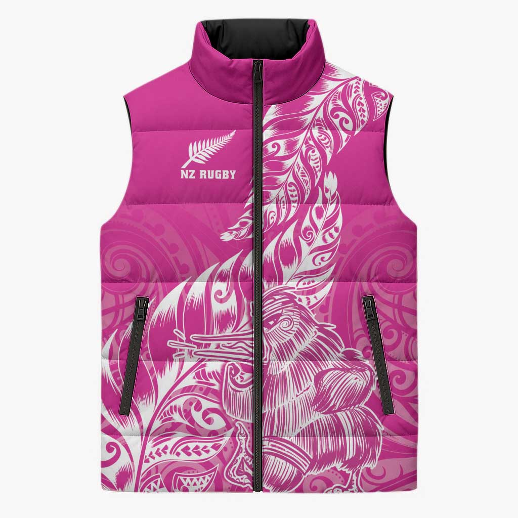 Custom New Zealand Rugby Silver Fern Sleeveless Puffer Jacket Aotearoa Kiwi Maori Pink Version - Polynesian Pride
