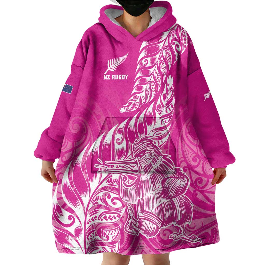 Custom New Zealand Rugby Silver Fern Wearable Blanket Hoodie Aotearoa Kiwi Maori Pink Version LT01 - Polynesian Pride