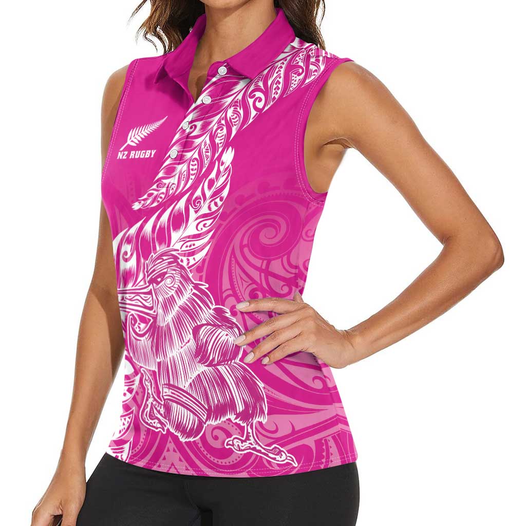 Custom New Zealand Rugby Silver Fern Women Sleeveless Polo Shirt Aotearoa Kiwi Maori Pink Version LT01 - Polynesian Pride