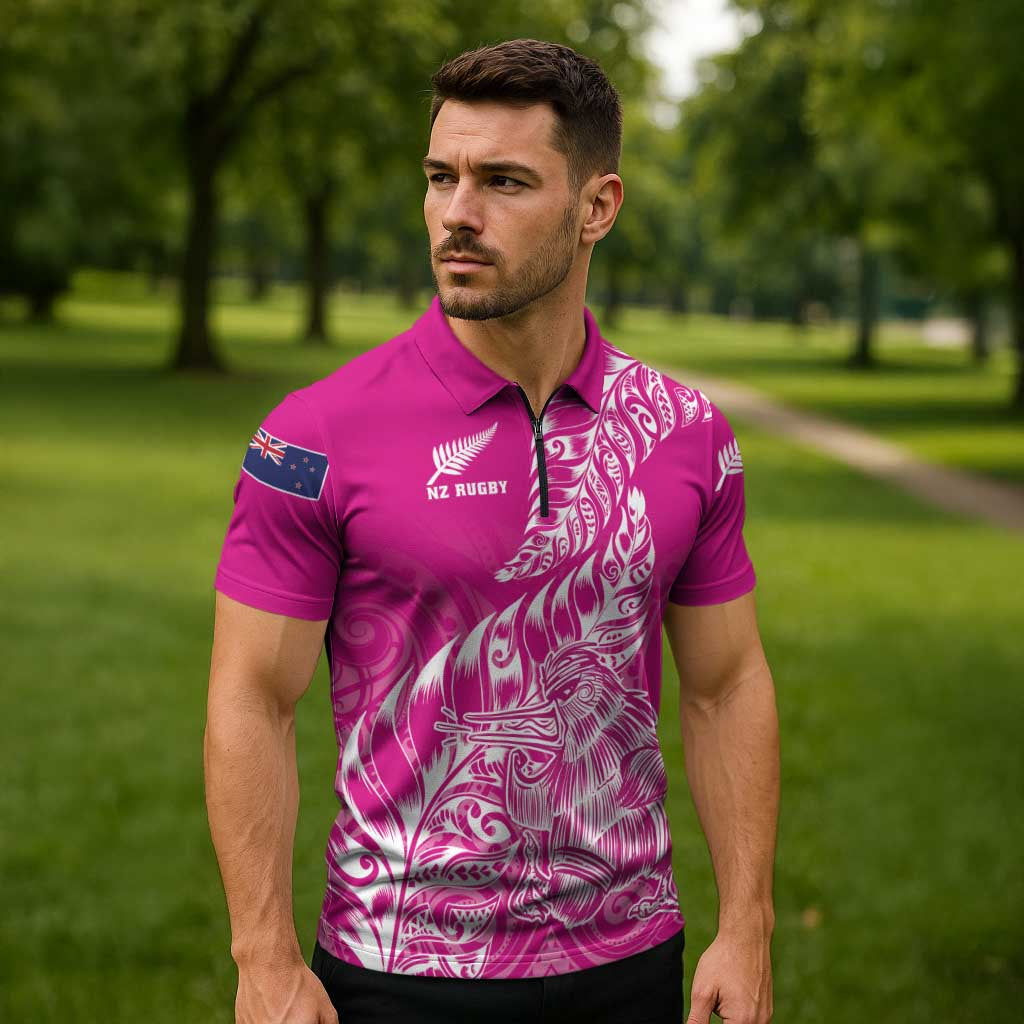 Custom New Zealand Rugby Silver Fern Zipper Polo Shirt Aotearoa Kiwi Maori Pink Version LT01 - Polynesian Pride