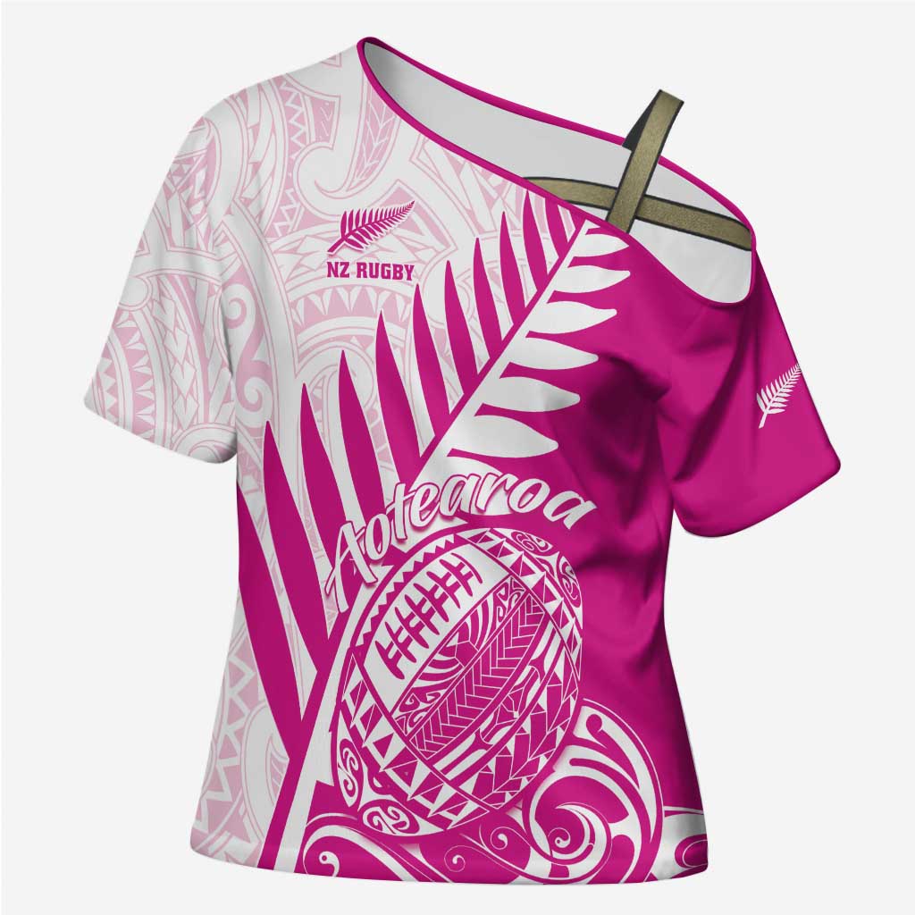 Custom New Zealand Rugby Silver Fern Cross Shoulder Shirt Aotearoa Maori Pink Version LT01 Female Pink - Polynesian Pride