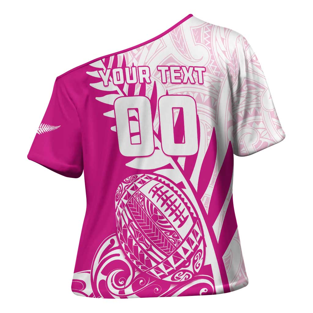 Custom New Zealand Rugby Silver Fern Cross Shoulder Shirt Aotearoa Maori Pink Version LT01 - Polynesian Pride