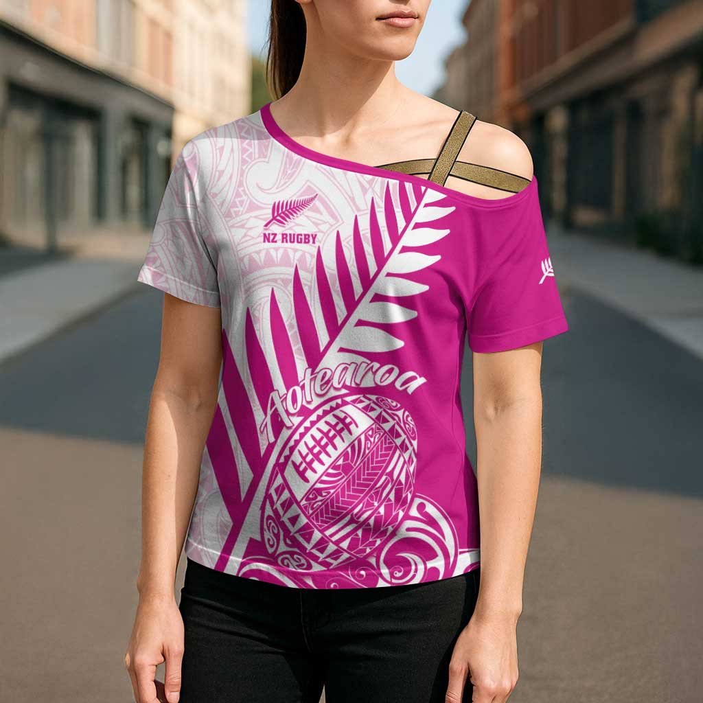 Custom New Zealand Rugby Silver Fern Cross Shoulder Shirt Aotearoa Maori Pink Version LT01 - Polynesian Pride