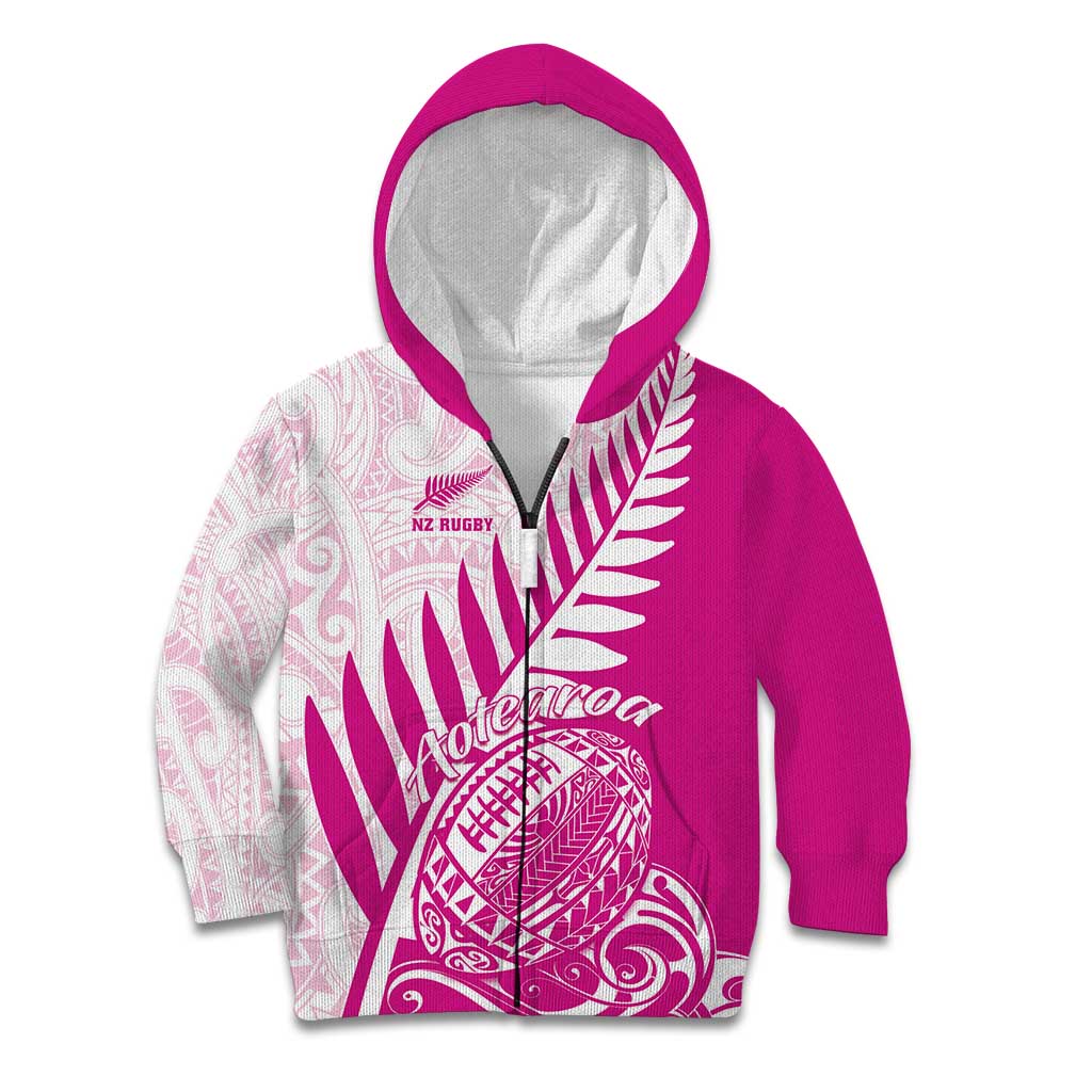 Custom New Zealand Rugby Silver Fern Kid Hoodie Aotearoa Maori Pink Version LT01 Zip Hoodie Pink - Polynesian Pride