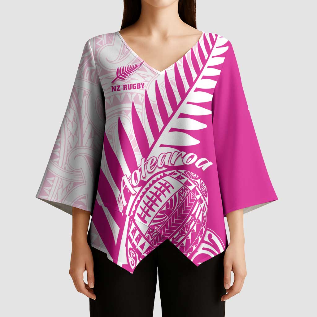 Custom New Zealand Rugby Silver Fern Kimono Sleeve Blouse Aotearoa Maori Pink Version LT01 - Polynesian Pride