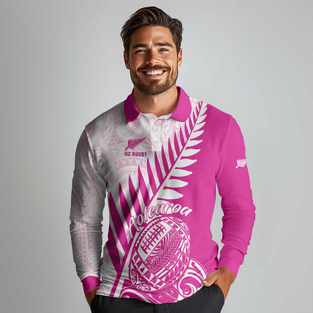 Custom New Zealand Rugby Silver Fern Long Sleeve Polo Shirt Aotearoa Maori Pink Version LT01 - Polynesian Pride