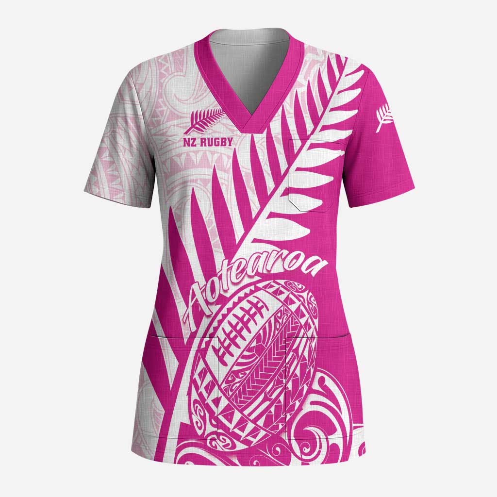 Custom New Zealand Rugby Silver Fern Scrub Top Aotearoa Maori Pink Version - Polynesian Pride