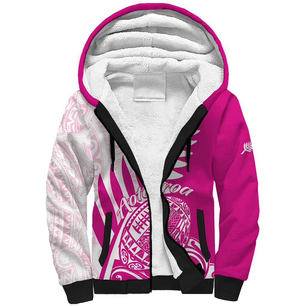 Custom New Zealand Rugby Silver Fern Sherpa Hoodie Aotearoa Maori Pink Version - Polynesian Pride