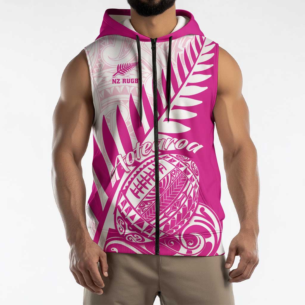 Custom New Zealand Rugby Silver Fern Sleeveless Zip Hoodie Aotearoa Maori Pink Version LT01 - Polynesian Pride
