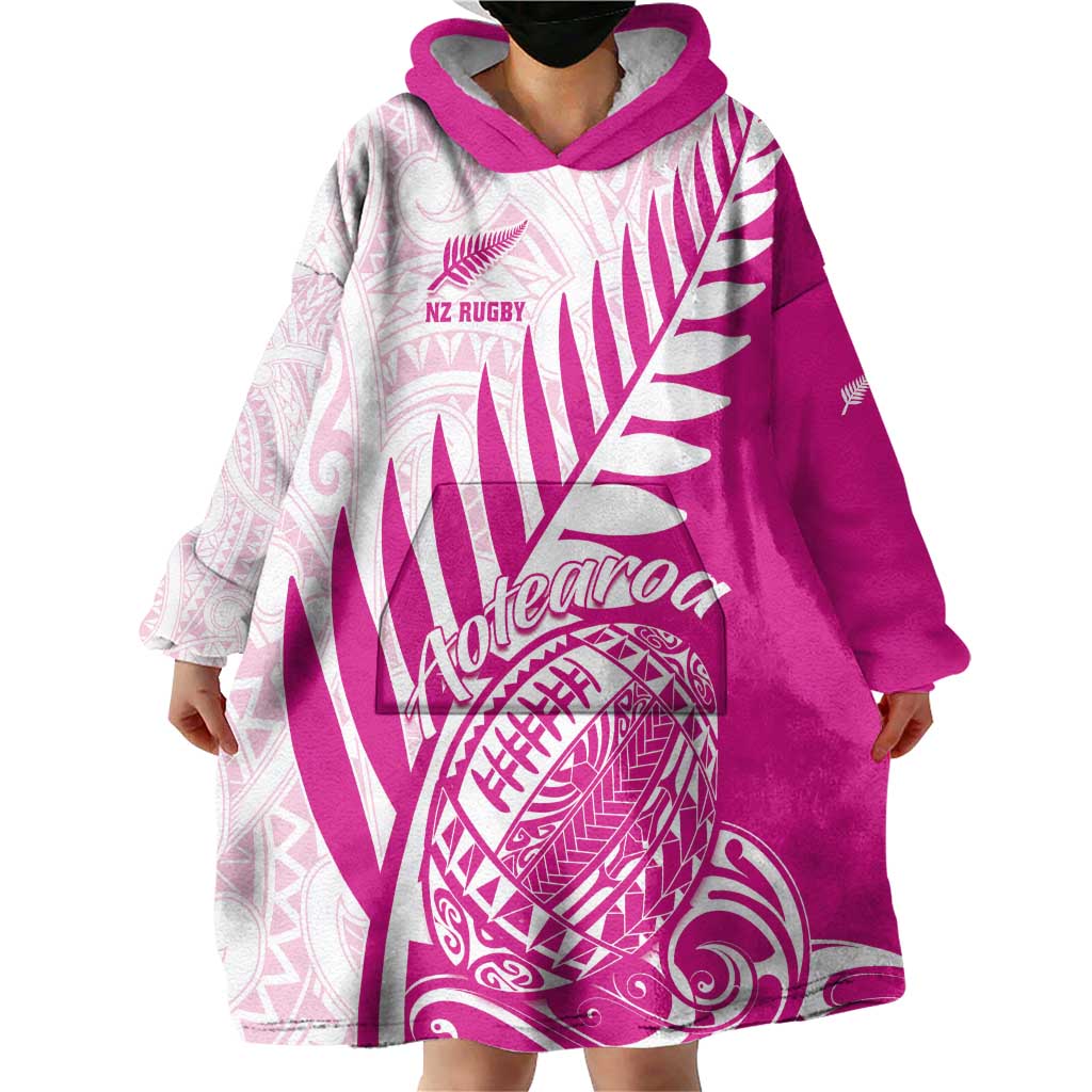 Custom New Zealand Rugby Silver Fern Wearable Blanket Hoodie Aotearoa Maori Pink Version LT01 - Polynesian Pride