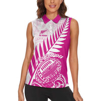 Custom New Zealand Rugby Silver Fern Women Sleeveless Polo Shirt Aotearoa Maori Pink Version LT01 - Polynesian Pride