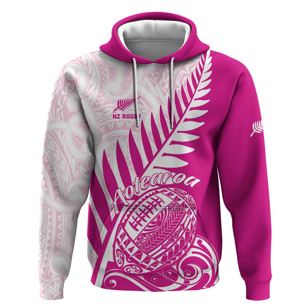 Custom New Zealand Rugby Silver Fern Zip Hoodie Aotearoa Maori Pink Version LT01 Pullover Hoodie Pink - Polynesian Pride